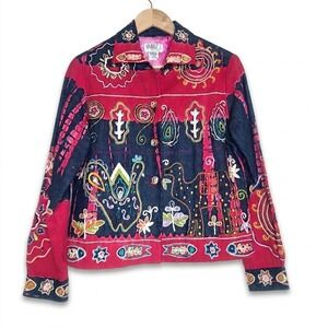 Vtg Minnie's Closet Art to Wear Embroidered Jacket  Camel Fish Sun Boho S‎